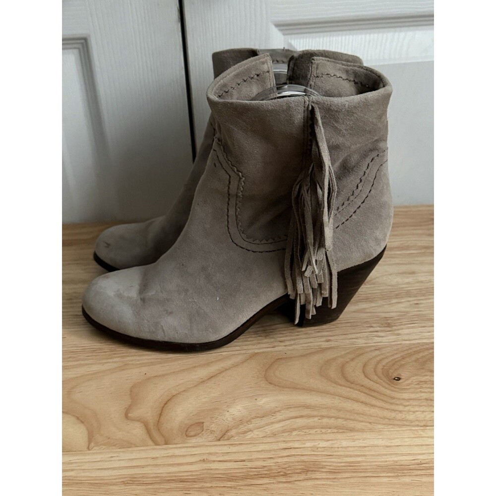 SAM EDELMAN Size 6 Suede Leather Fringe Tan/Gray Western Ankle Boots